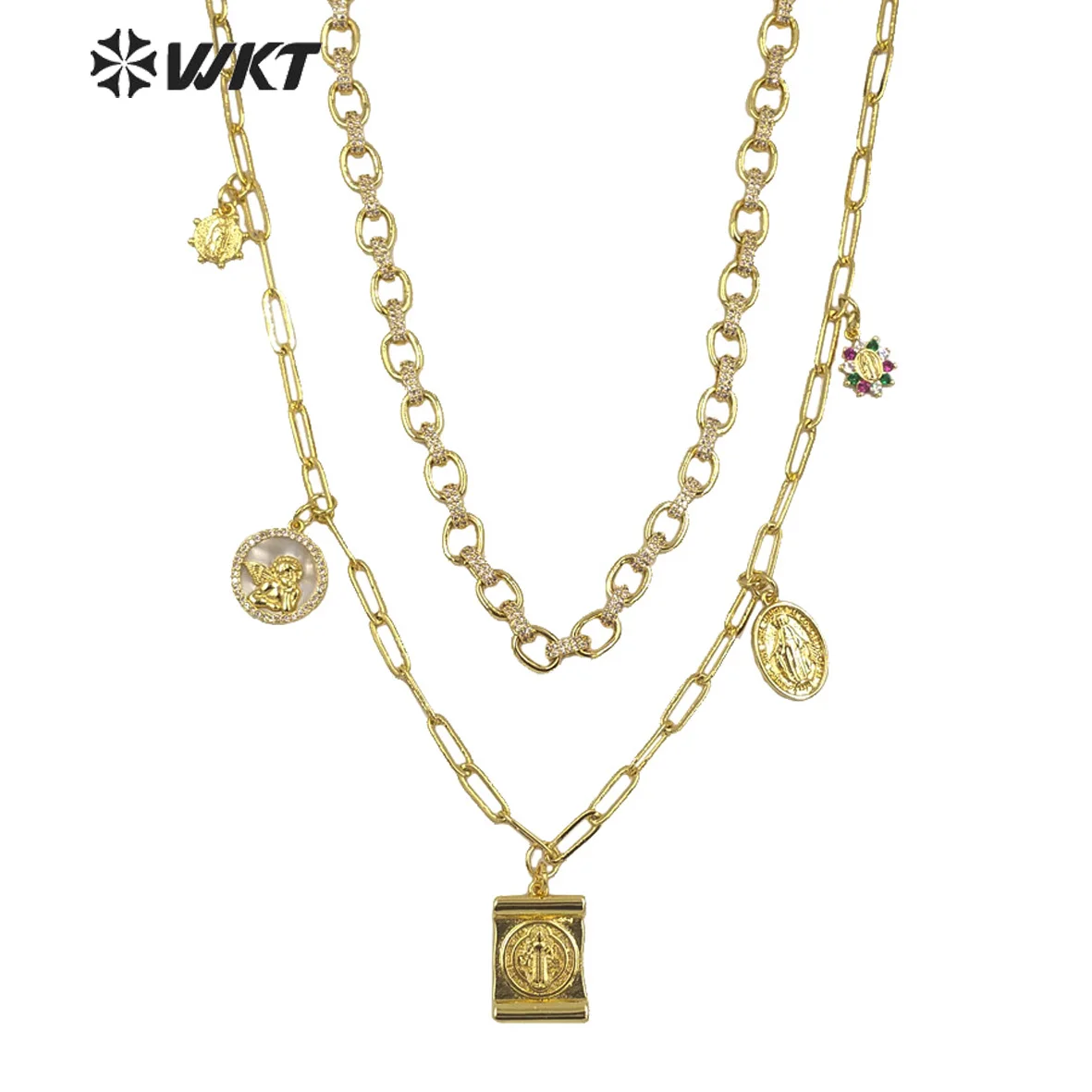 

WT-MN974 Women Gorgeous double layer gold electroplated Micropave cubic zircon metal chain necklace fashion lady punk necklace