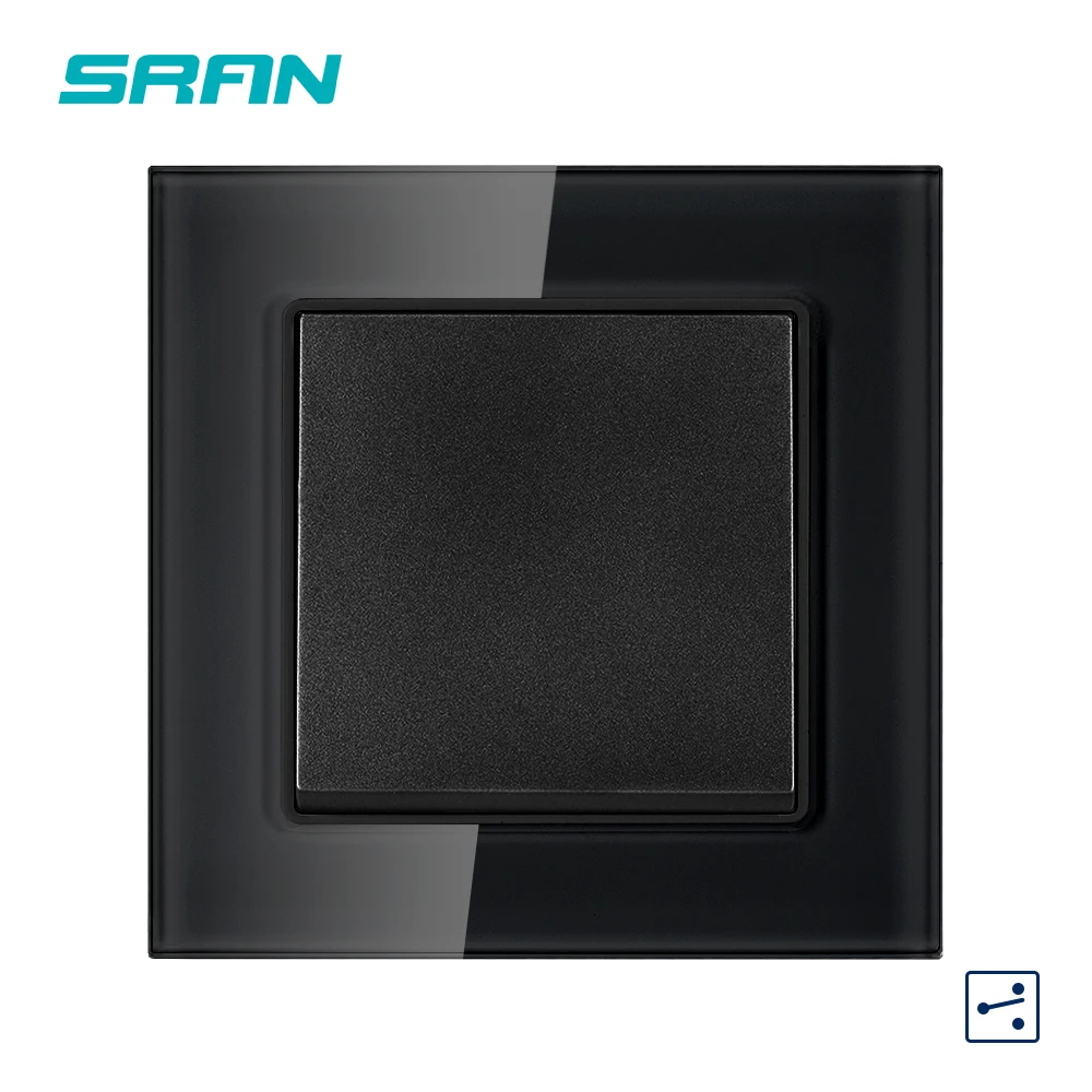 SRAN EU Wall Light Switch On Off 1gang 1way 2way Button switch 16A 250V Crystal tempered glass panel 82*82mm