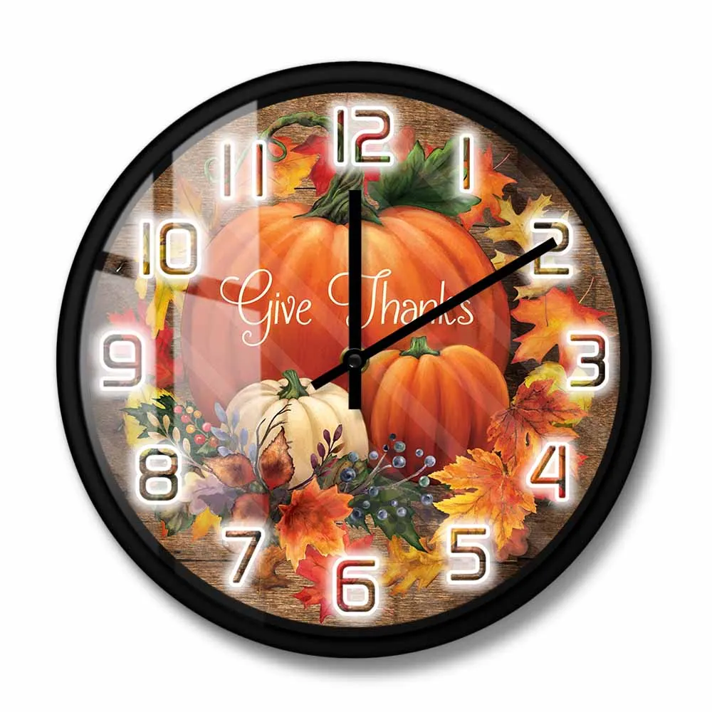 Pumpkin Thanksgiving Day Printed Wall Clock Give Thanks Fall Sign Farmhouse Home Decor Fall Leaves Wreath Art Silent Wall Watch