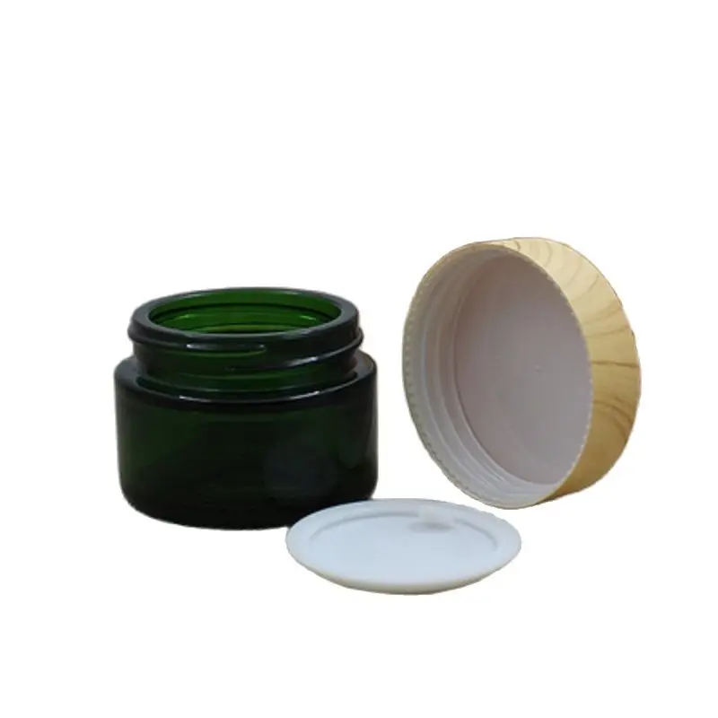 15 peças vazio vidro verde creme cosmético garrafa recarregável recipiente de embalagem frasco creme para os olhos tampa plástica de madeira falsa 50g 30g