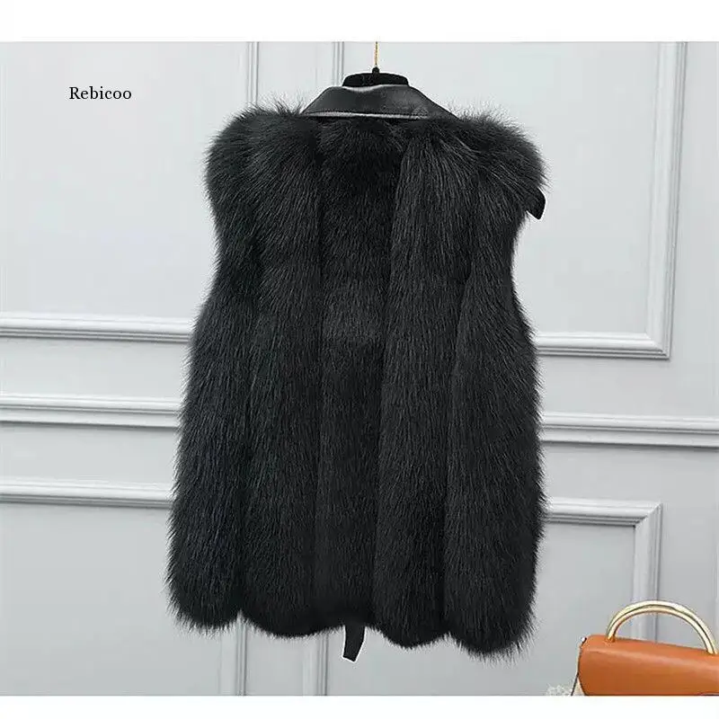 hot new fake fox fur long vest black fox fur gilet winter high quality women fox with PU sheepskin leathe