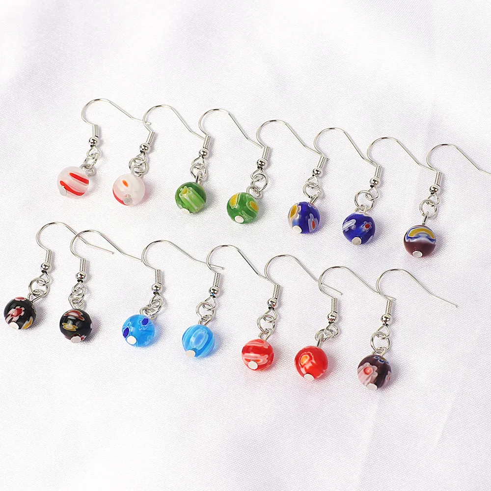 Wholesale Lots 6Pairs Mix Color Hand-Made Murano Glass Women\'s Romatic Silver Plated Elegant Classic Dangle Flowers Earrings