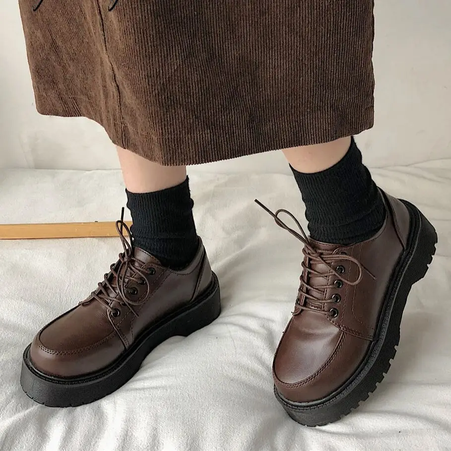 Women heels brown vintage platform shoes oxford Shoes women\'s Comfortable Lace Up Oxford Loafers Casual College Student Shoes