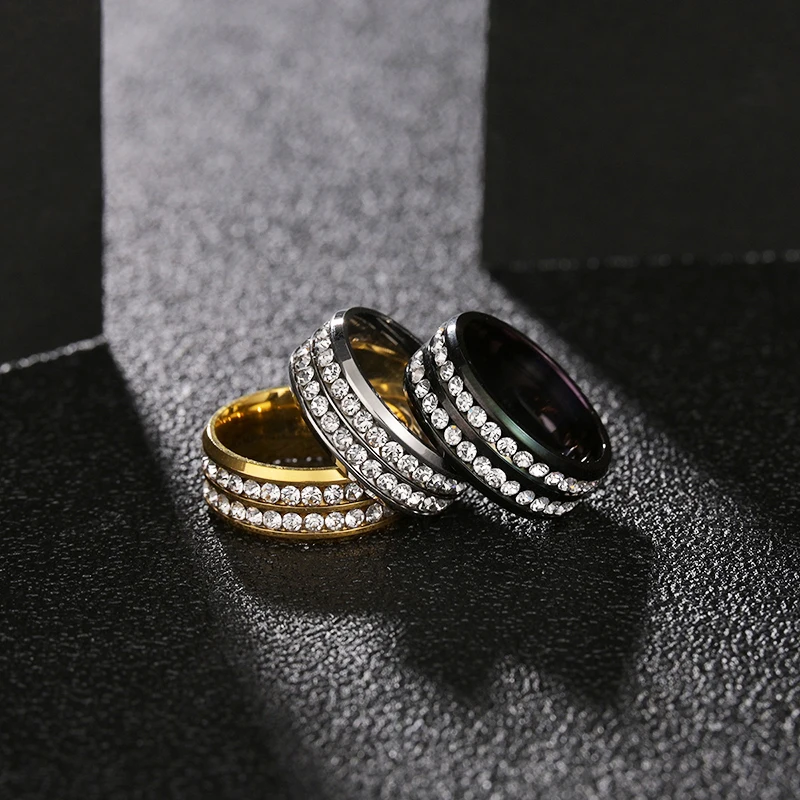 Letdiffery New Two Rows White Stones Weddings Ring Classical Stainless Steel Lover Couple Rings Valentine's Anniversary Gifts
