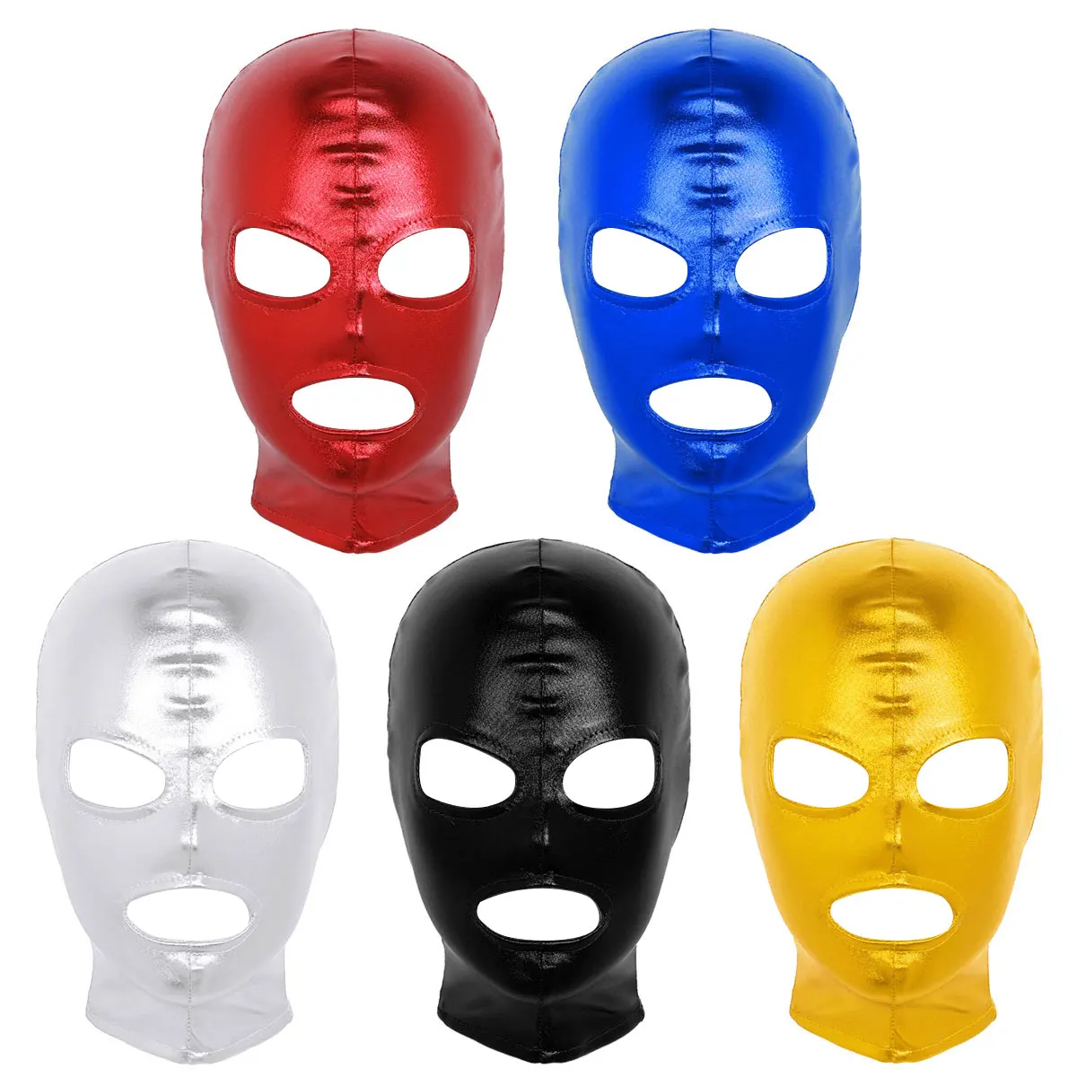 Unisex Mens Womens Cosplay Face Mask Latex Metallic Shiny Open Eyes Mouth Headgear Full Face Mask Hood Party Role Play Costume