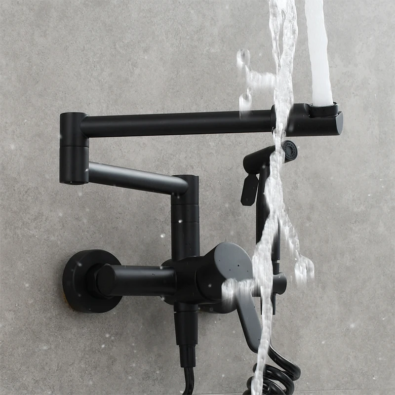 Brass Matte Black Wall Mounted Kitchen Faucet Pull Down Cold Hot Water With Spout 360 Rotation Dual Function Sprayer Taps ML1343