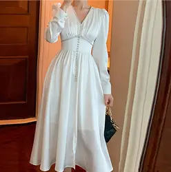 2021 Spring Designer Women Luxury Diamonds Buttons Patchwork Party Dresses High Waist V-neck Elegant Vestido s692