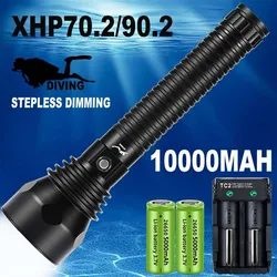 10000mAh Professional Diving Flashlight XHP70.2/XHP90.2 Stepless Dimming IPX8 Waterproof Underwater LED Torch By 26650 Batteries