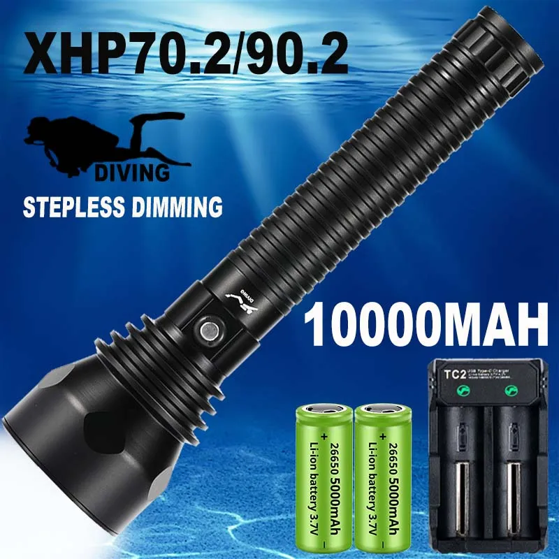 10000mAh Professional Diving Flashlight XHP70.2/XHP90.2 Stepless Dimming IPX8 Waterproof Underwater LED Torch By 26650 Batteries