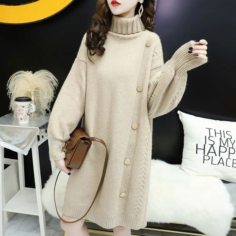 Autumn Winter Thick Turtleneck Long Sleeve Knitted Sweater Women 3 Color Loose High Collar Long Knitting Pullovers Tops Female