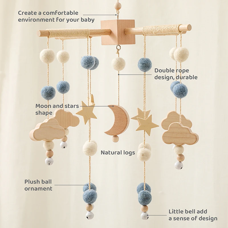 Baby Toy Wooden Mobiles Bed Bell Moon Clouds Rattle For Newborn Developing Diy Accessories Crib Holder Arm Brackets Gifts Rattle