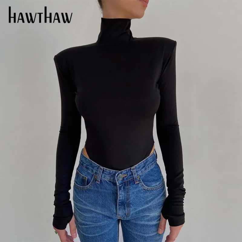 Hawthaw Frauen Herbst Langarm Backless Soild Farbe Rollkragen Schlank Bodycon Bodysuit Overall 2020 Herbst Kleidung Streetwear