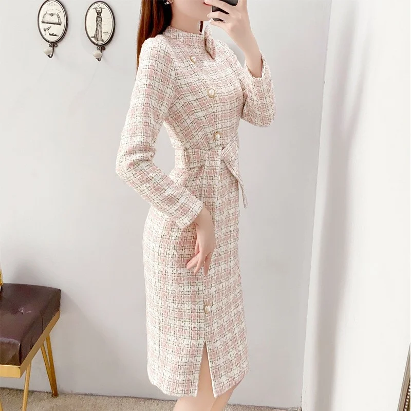 Bow Elegant Tweed Dress Women Stand Collar Slim Fit Plaid Dress New Autumn Long Sleeve Office Ladies Knee Length Split Dresses