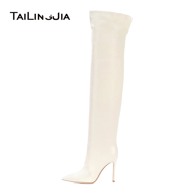 White Thigh High Boots Women 2024 Over The Knee High Boots Ladies Winter Shoes Woman High Heel Pointed Toe Long Boot Plus Size