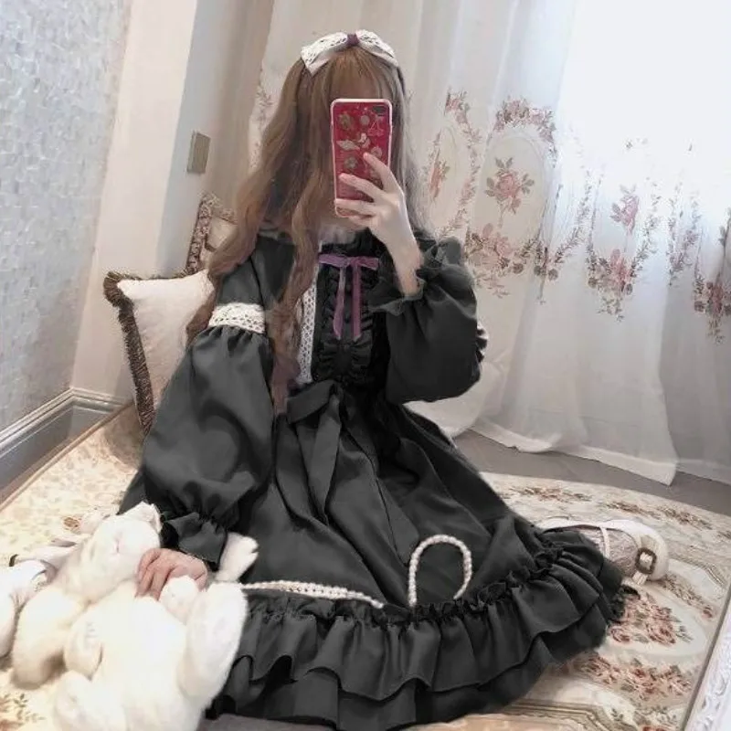 Kawaii Lolita Dress Sweet Lolita Style Cute Dress Gothic Lolita Cute Yummy Kawaii Dress Black Long Sleeve Pastel Goth