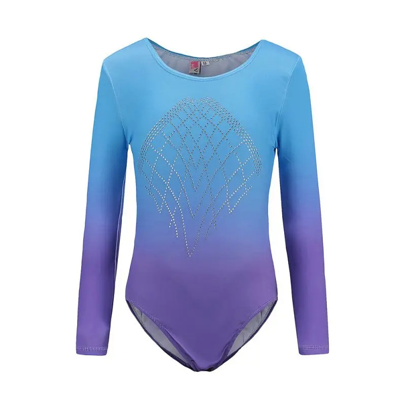 

5-12 Years Girls Diamonds Highlights Long Sleeve Gradient Color Bodysuit Ballet Gymnastics Dance Practice Clothes