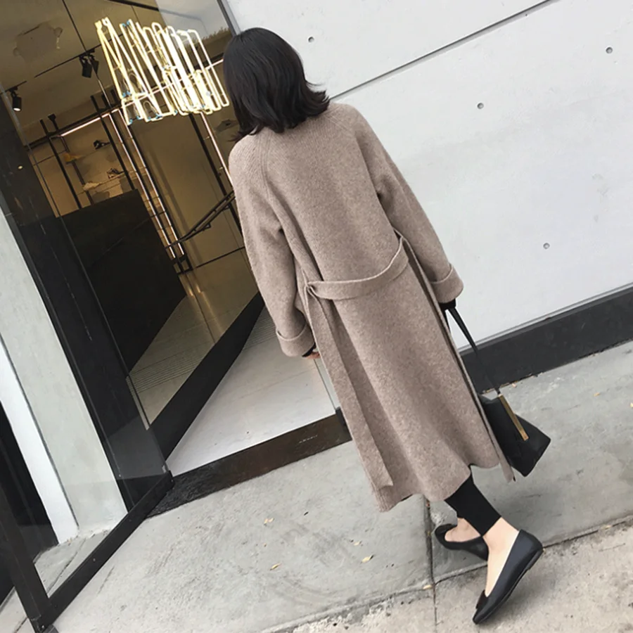 

Winter Knit Sweater Cardigan Jacket Women Autumn Wild Long Sweater Coat Loose Thick Cardigan with Belt