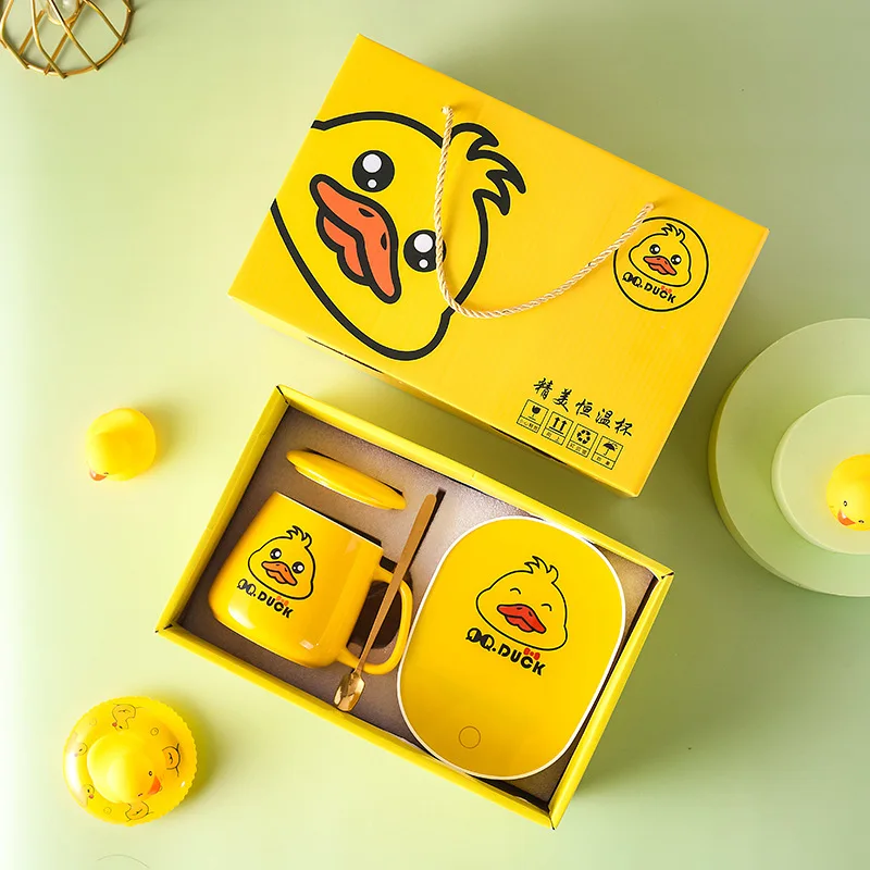 Little Yellow Duck Mug Smart Constant Warm Cup Milk Coffee Heating Insulation Coaster Attemperator With Spoon Gift Package