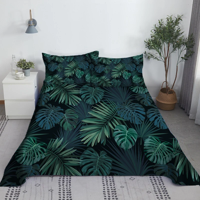 

Green Tropical Leaves Bed Sheet Set 3D Printed Bed Flat Sheet With Pillow Cover Soft Polyester Full Twin Size wholesale