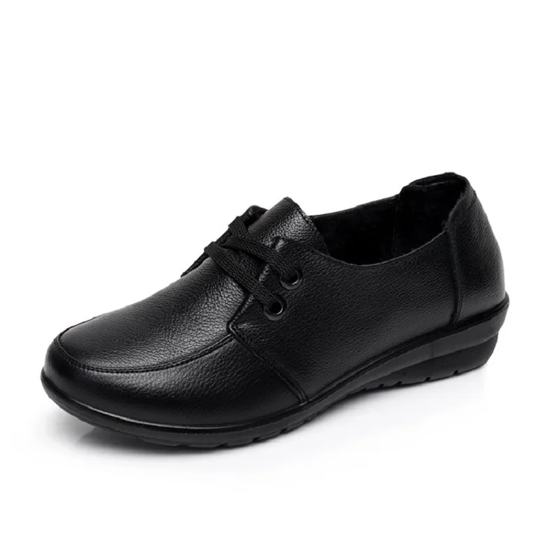 Spring Autumn Leather Women's Work Shoes Low Heel Black Soft Bottom Lightweight Non-slip Flat Bottom Comfortable Mother Shoes