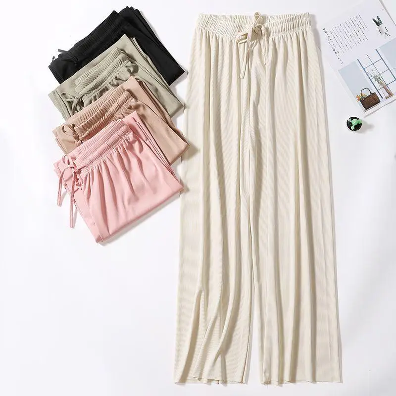 

Mopping Wide-Leg Pants 2022 Women's Spring and Summer Drawstring Loose Elastic Ice Silk Trousers Large Size Ice Silk Trousers