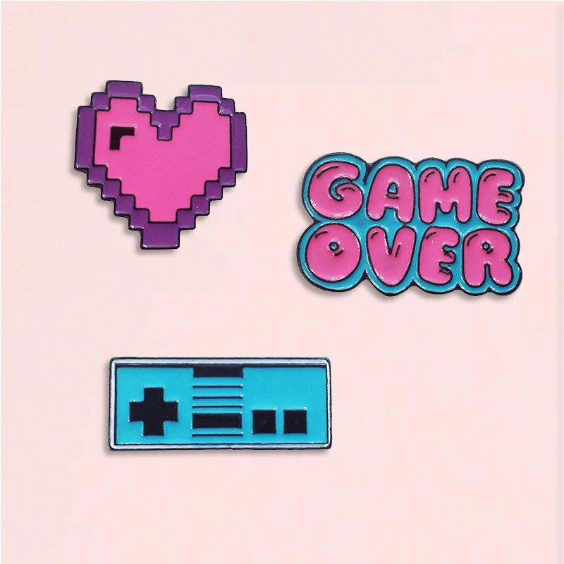 Pink Heart Game Over Enamel Pin Blue Gamepad Badge Brooch Denim Shirt Backpack childhood Jewelry Gift For Friends Children