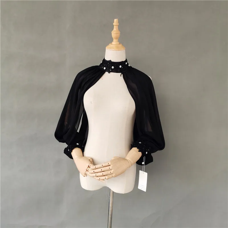 2021 neue stil Schwarz Chiffon ärmeln Prom Jacke off schulter Hohe Kragen Handgemachte Perle stickerei