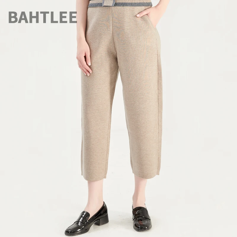 BAHTLEE-Women's Wool Knitted Capri Pants, Cross Calf-Length, Loose Style, Thick Warm, Four Seasons