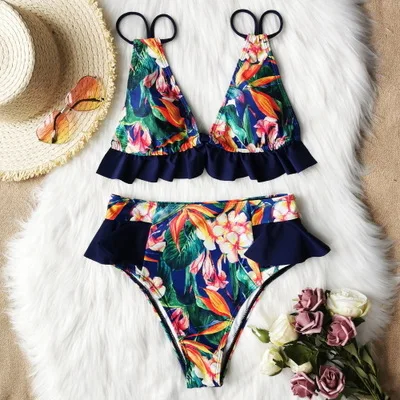 New Ruffled Bikini Print Two-Piece Swimsuits Women\'s Hot Selling European and American Fashion Pastoral Street Swimsuit Bikini