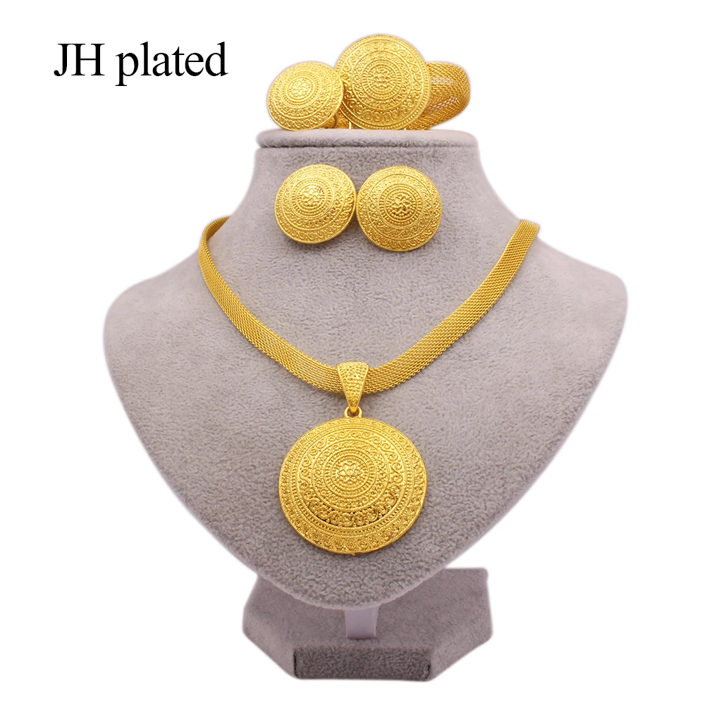 gold color jewelry sets for women Dubai African bridal party wedding gifts round pendant necklace bracelet earrings ring set