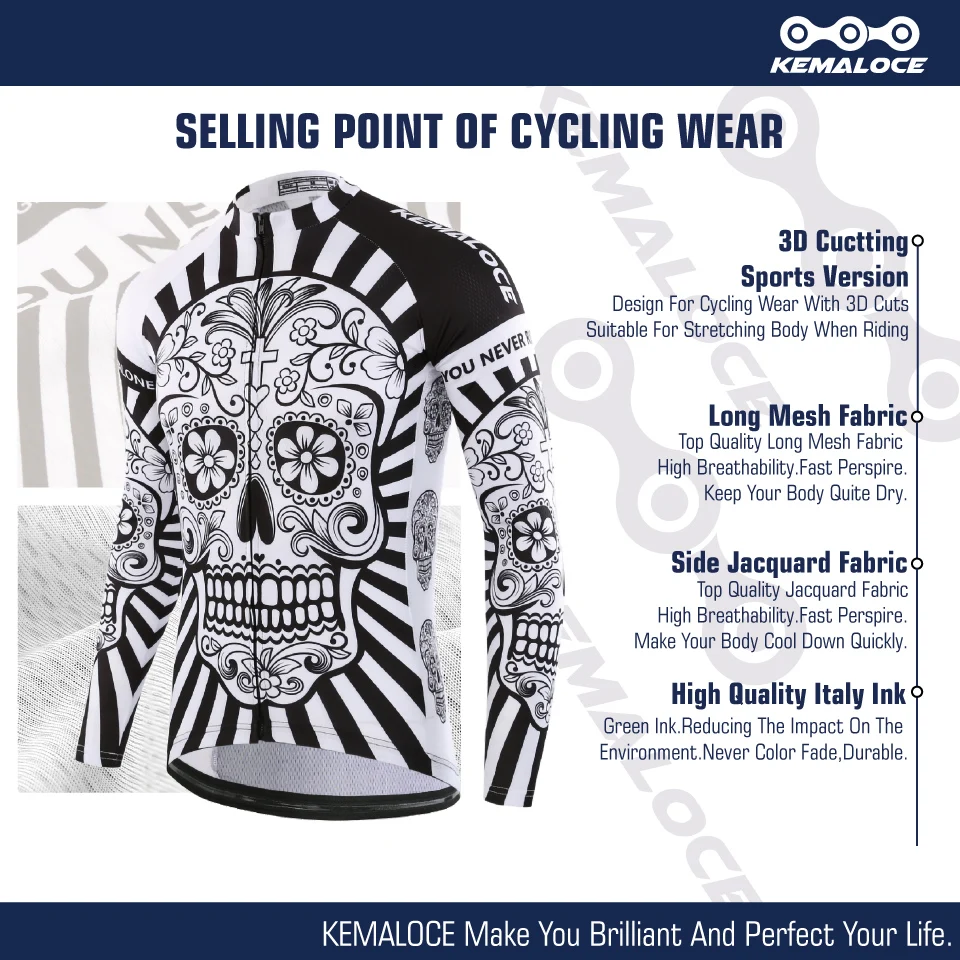 KEMALOCE 2023 Autumn Pro Long Sleeve Cycling Jersey Skull Retro Men Full Sleeve Cycles Shirt Wear Team Men Bicycle Bike Jersery