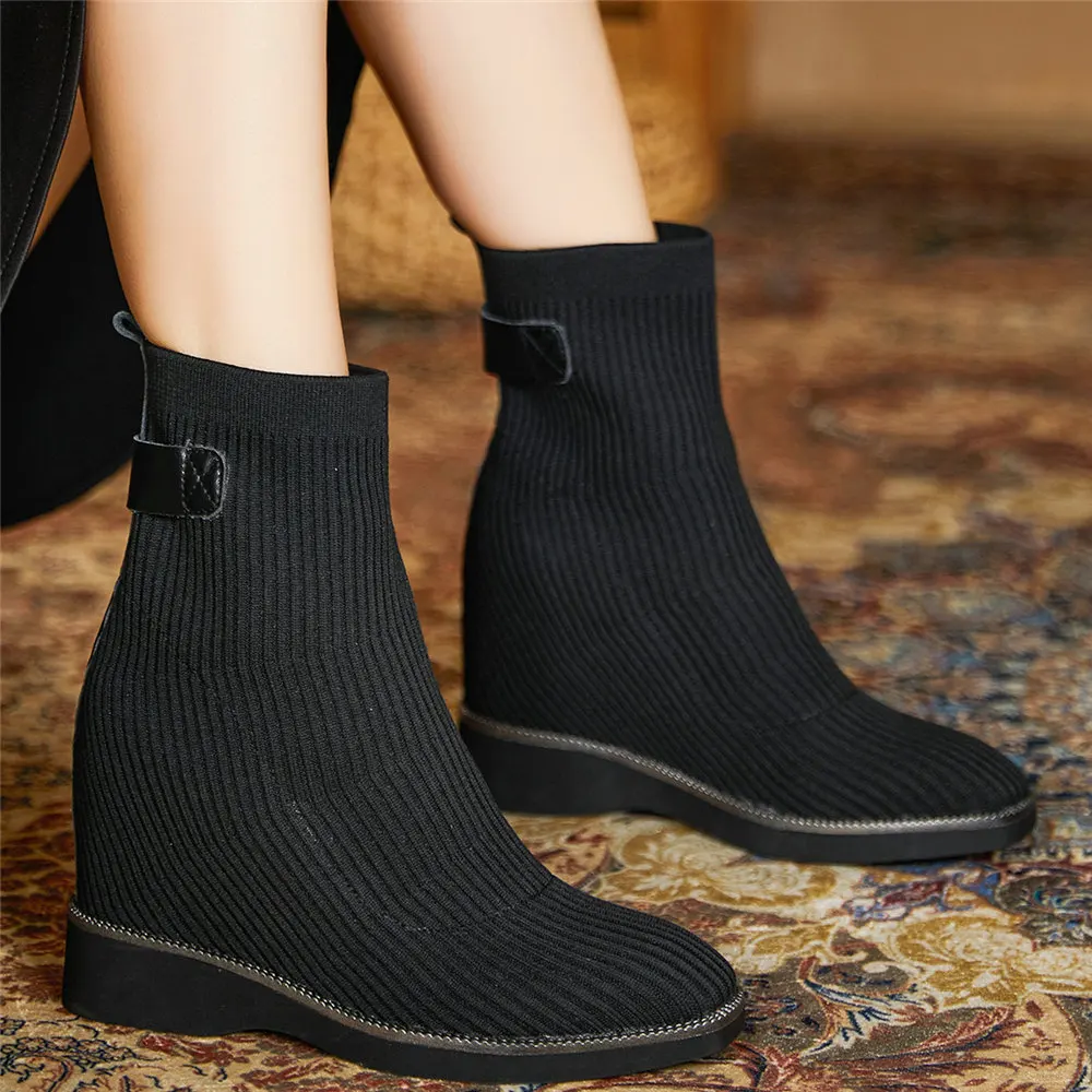 2021 inverno quente bombas sapatos femininos de tricô cunhas salto alto tornozelo botas femininas alta superior dedo do pé redondo oxfords sapatos casuais