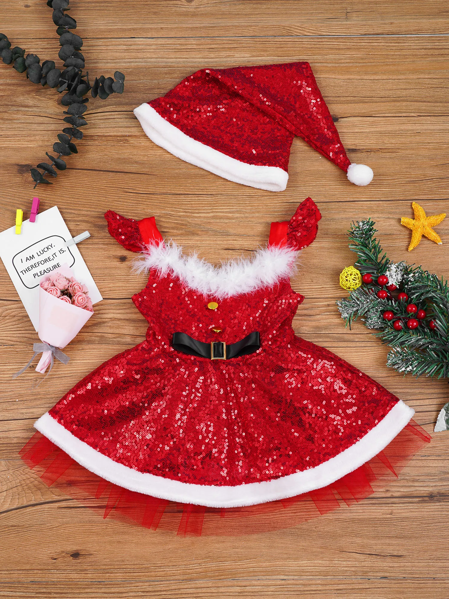 Bebê meninas natal vestido de princesa com chapéu conjunto lantejoulas vermelhas pele do falso adornado tutu vestido da criança crianças bebê menina roupas de natal