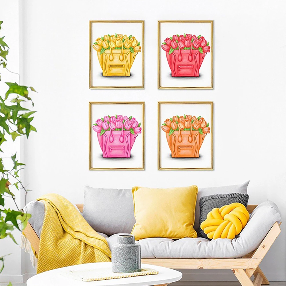 قماش المشارك الوردي الأصفر زهرة توليب حمل حقيبة الشمال مطبوعة طلاء جدران موضة أنثى جدار الفن جدارية لمتجر ديكور المنزل