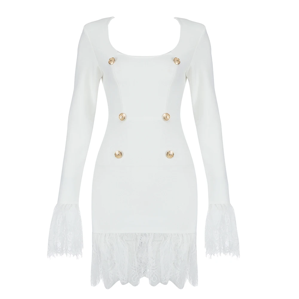 

Women Bandage Dress Sexy Tassel Nice New Autumn Winter White Party Dresses Bodycon Long Sleeve Clothing