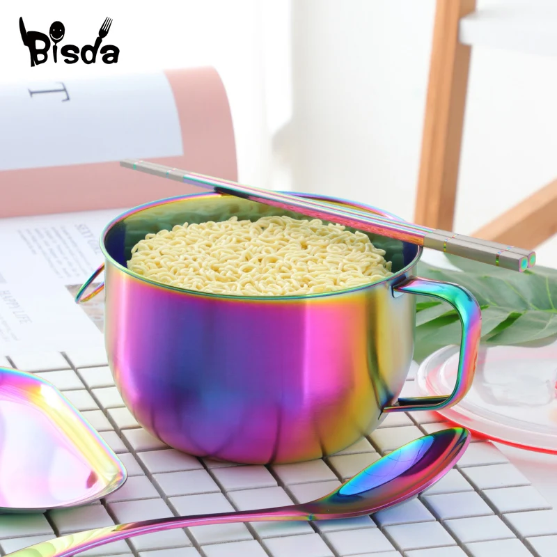 Stainless Steel Bowl With Lid and Handle Golden Instant Noodle Bowls Soup Food Container Silverware Rice Bowl Kit Dinnerware