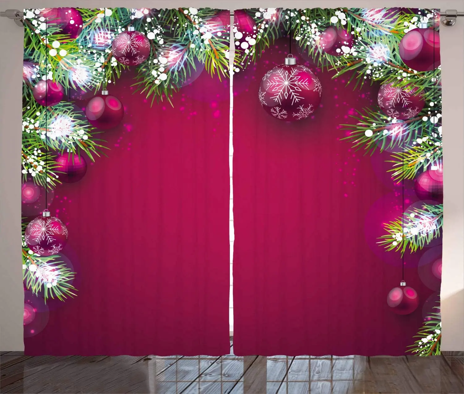 Christmas Curtains Traditional Composition with Fir Branches Vivid Balls Snowflakes Living Room Bedroom Window Drapes Magenta