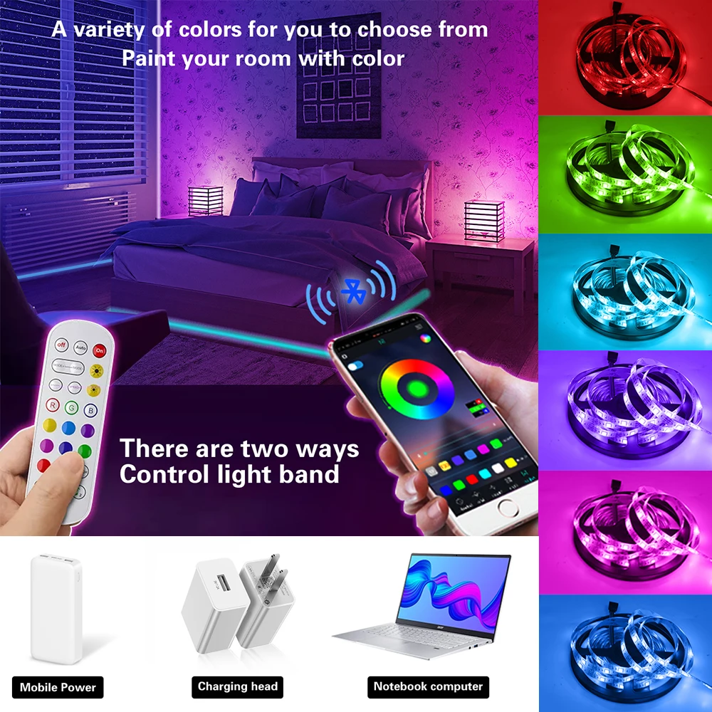 Impermeável LED Strip Lights para decoração do quarto, TV Backlight, fita de diodo, fita flexível, USB, Bluetooth, RGB, 5050, DC, 5V