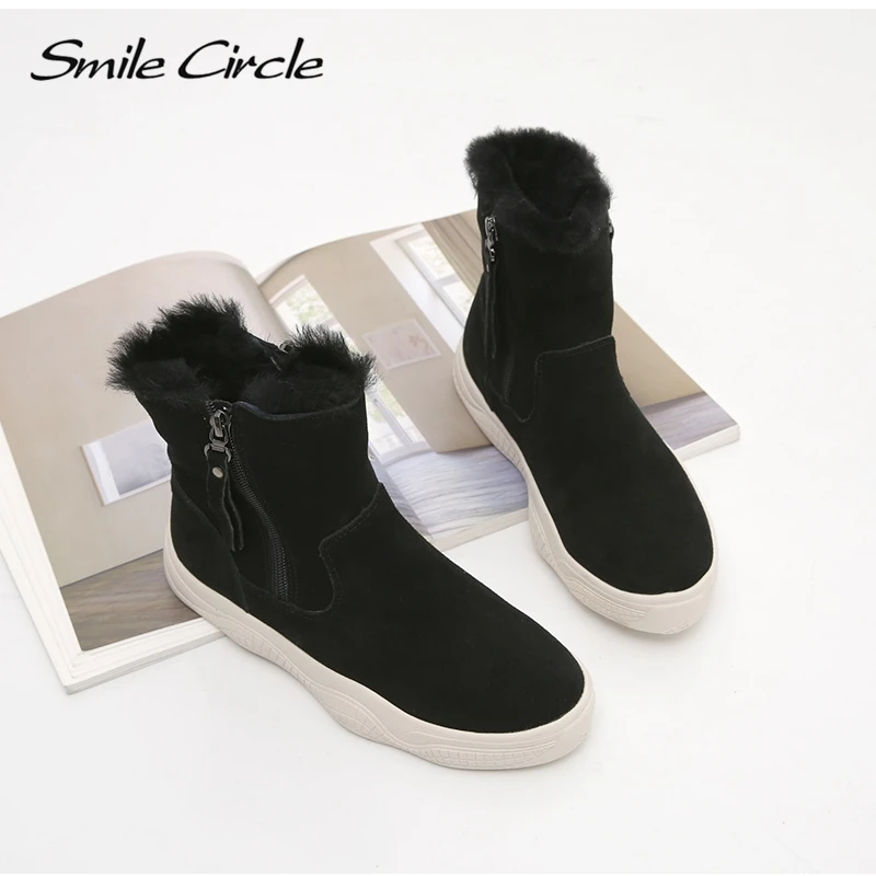 Smile Circle Suede Leather Ankle Boots Women Natural fur Warm Snow Boots Zipper Easy to wear Flat Boots Winter Ladies Shoes