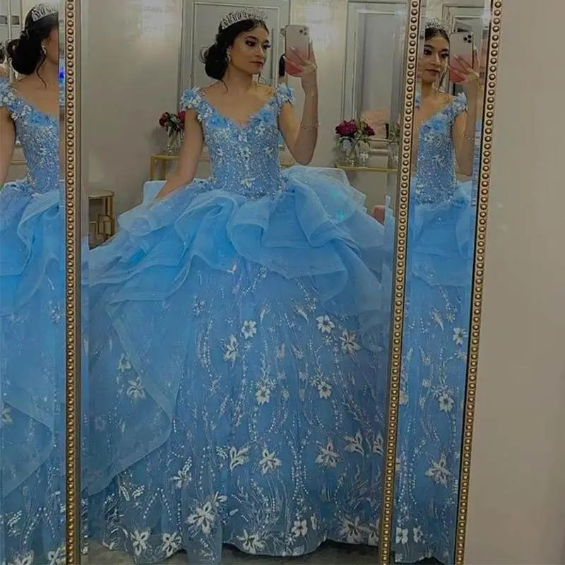 Công Chúa Ánh Sáng Xanh Da Trời Phồng Quinceanera VÁY BẦU REN Cổ V Voan Xòe Áo Xù Tự Làm Tiệc Trang Trọng mặc