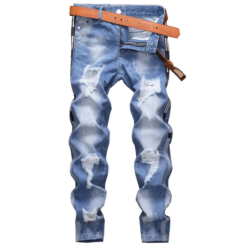 

Stretchy Ripped Men Straight Biker Fashion Side Stripe Print Design Destroyed Hole Denim Jeans Light Blue Long Trousers