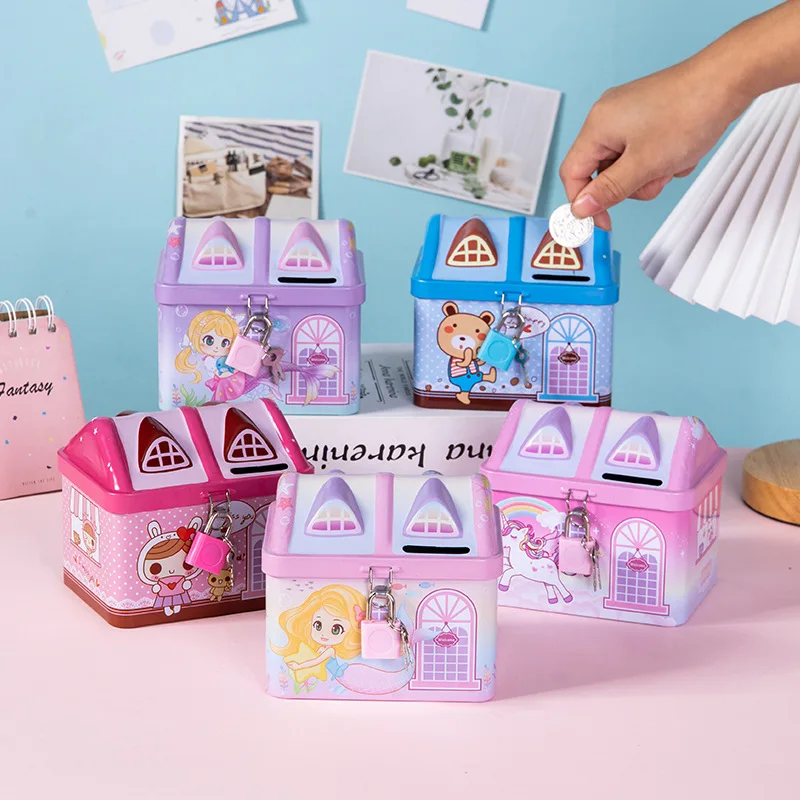 Small Unicorn Tinplate House Boys and Girls Piggy Bank Children's Cartoon Savings Change Coins Storage Box with Lock