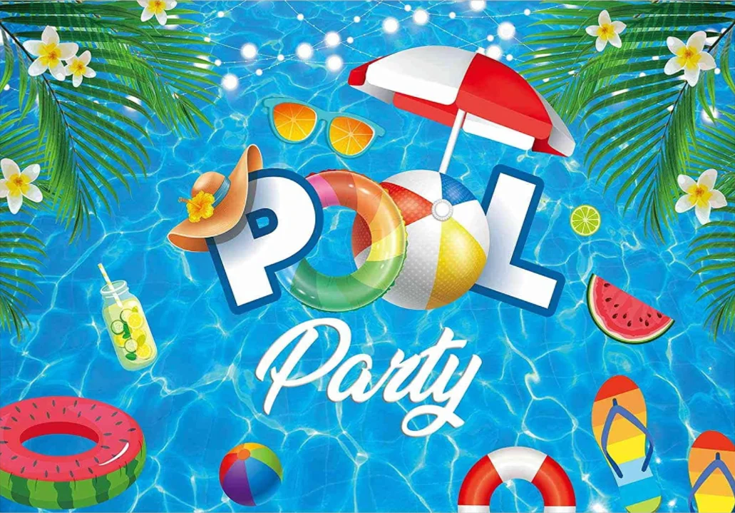 Pool Party Backdrop Summer Swimming Balls Lifebuoy Water Wave Ripple Hawaiian Background Kids Boy Girl Birthday Cake Table Decor