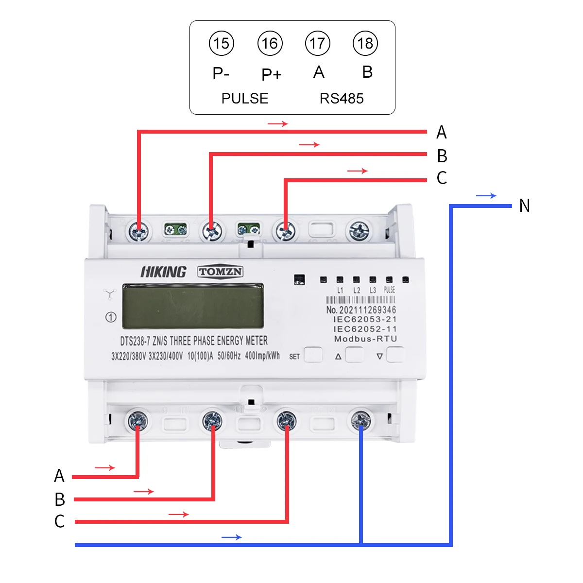 3 phase Din rail KWH Watt hour energy meter 3*220V 380V 400V 50Hz 60Hz voltage current DTS238-7 ZN/S with RS485 MODBUS-RUT