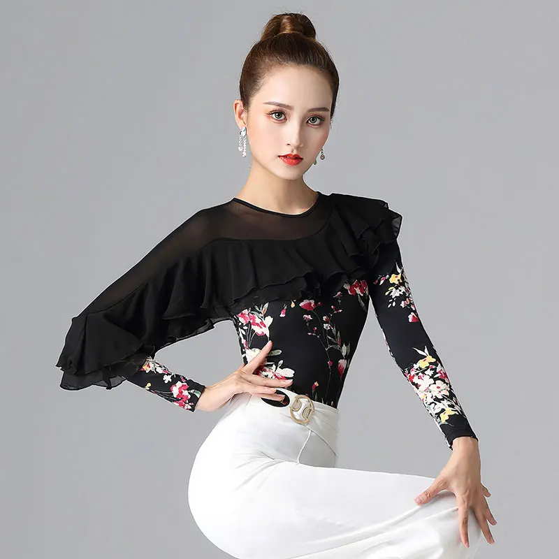 New Ballroom Dance body top Ladies Modern Performance Clothes abiti da ballo latino a maniche lunghe arruffati TXH-DBL86