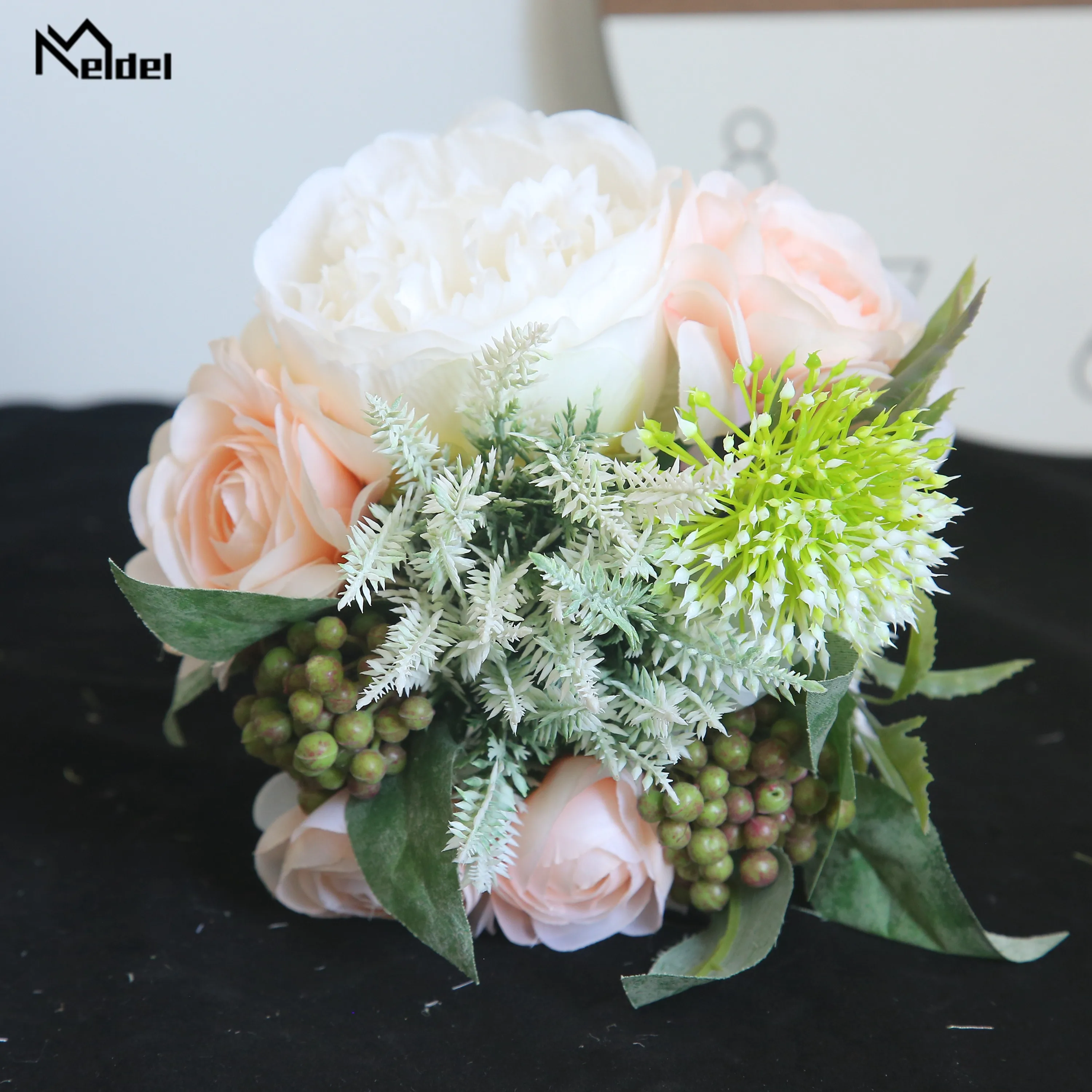 Meldel buquê de rosas falsas, flor artificial de seda, peônia, frutas de lótus, decoração para casa, festa de casamento, buquê de lavanda