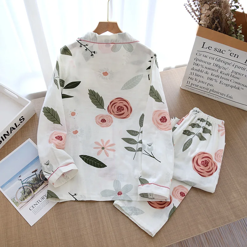 2024 Ladies Pajamas Set 100% Gauze Cotton Cartoon Rose Printed 2Pcs Turn-down Neck Shirt+Pants Comfort Fresh And Nature Women