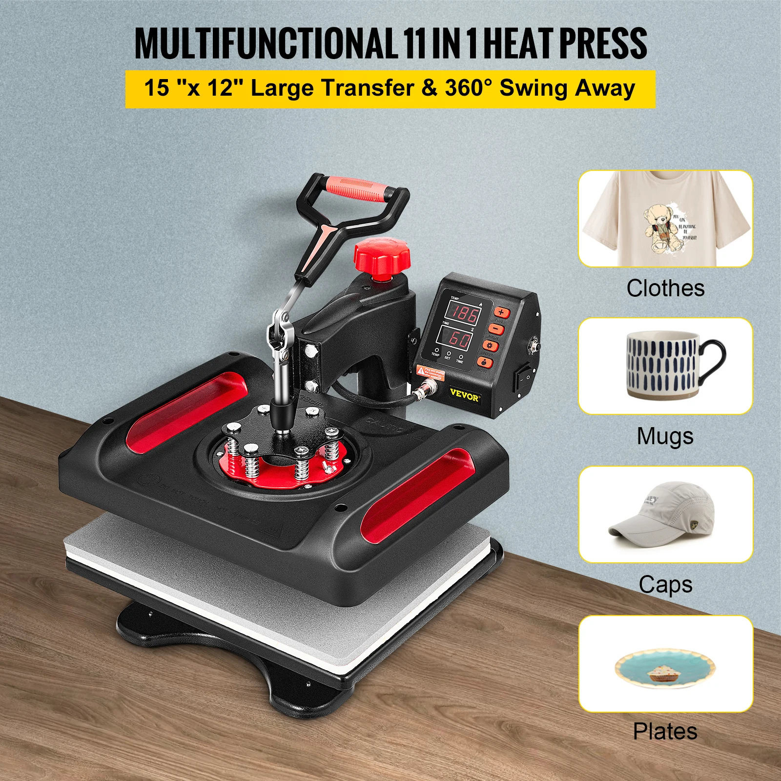 VEVOR Heat Press Machine Sublimation Kit 15 X 12 Inch 11 In 1 Double Tube Heating Transfer for Mugs Case Cups Plate Print