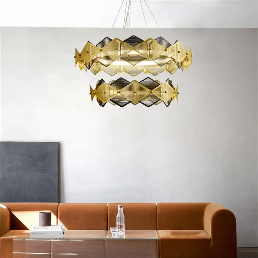 postmodern designer Hollow metal ring pendant lights decorative fixture geometric living room hotel suspension led luminaire