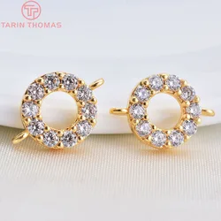 （1851）4PCS 24K Gold Color Plated Brass with Zircon Round Circel with 2 holes Connector Charms Pendants Jewelry  Accessories